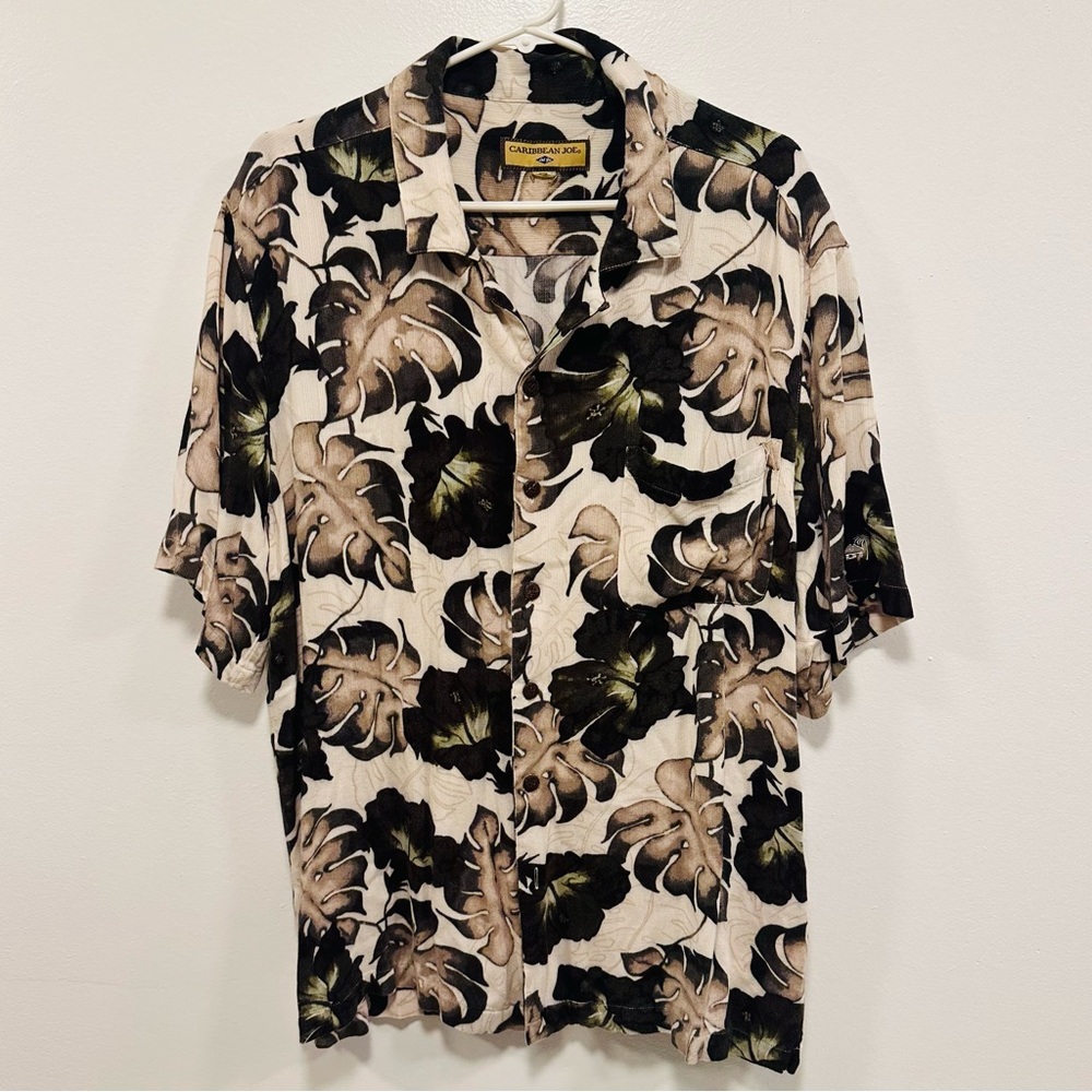 Caribbean Joe Neutral Tropical Leaf Camp Shirt - Black, Tan, Olive
